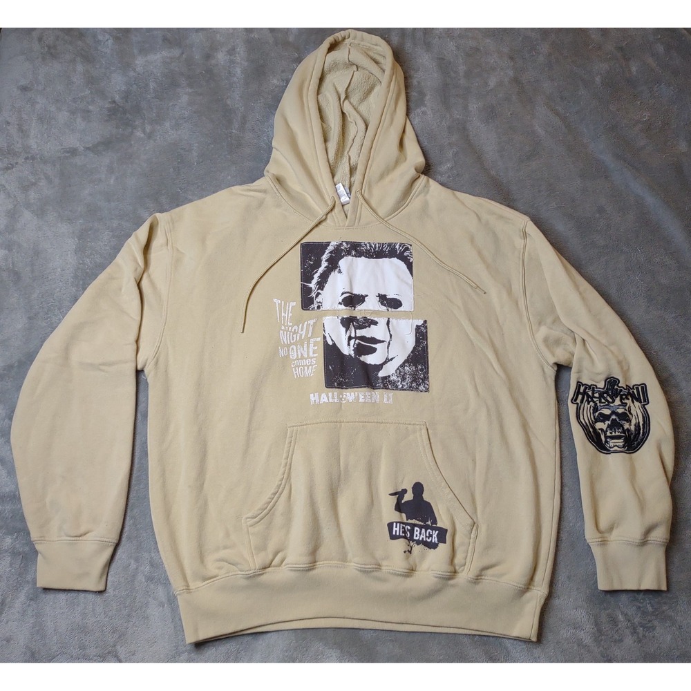 Michael Myers Halloween II Hoodie Mens Large Beige Embroidered Graphic Pullover